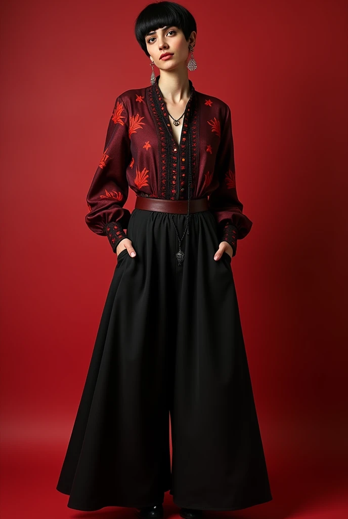 Full body photography , A woman black pixie haircut a is wearing an avant-garde blouse and wide pantsinspired by the Iranian Yalda night ceremony  , the symbol of the pomegranate in Iran, the color of the dress is red and black , --ar 9:16 