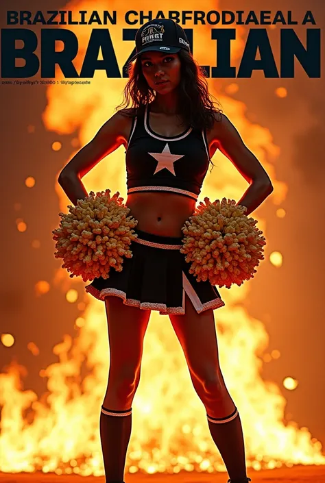  Generate a magazine-shaped image of a cheerleader Going to the cover of a magazine wearing clothes made with popcorn, The shirt, skirt and socks . The t-shirts must be black with a white star in the center  ,  the black skirt with white hem and the black ...