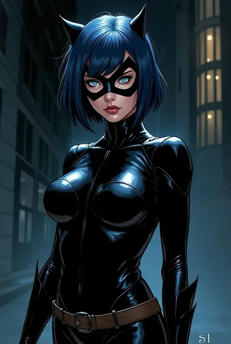 DC comic panel that is a fair-skinned girl with short, navy blue hair who has blue eyes, who wears a catwoman costume and who looks serious