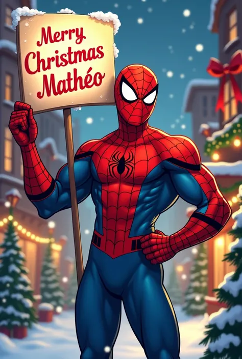 Spiderman holding a sign with Merry Christmas written Mathéo on it on a Christmas deco background 