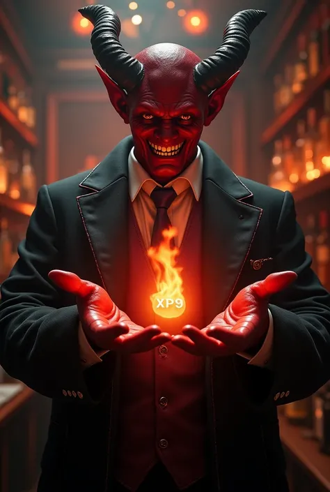  magic red devil , The bad guy smiles ,   who keeps his hands open ,  between the hands is fire ,  the fire has the character XP9,  the devil is wearing a noble suit and is standing in a bar, A burning joint in the corner of his mouth  