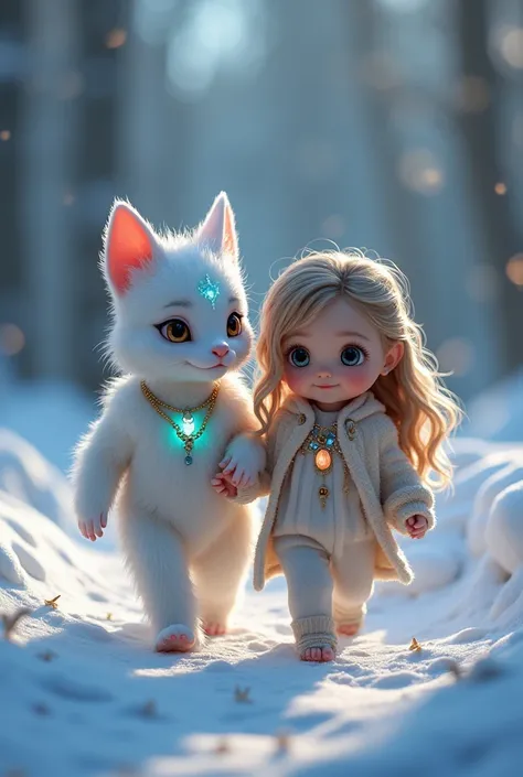 A brilliant, illuminated and magical baby animal with jewelry that walks in the snow with a baby with long wavy hair and big bright eyes. 