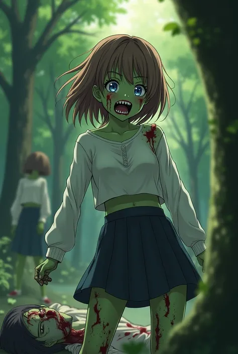  anime zombie girl with brown hair and blue eyes , wears a white cropped sweater and black skirt.  She is bitten in the shoulder by another zombie girl in the background. Now she is also a zombie .  She now looks completely like a zombie with green skin . ...