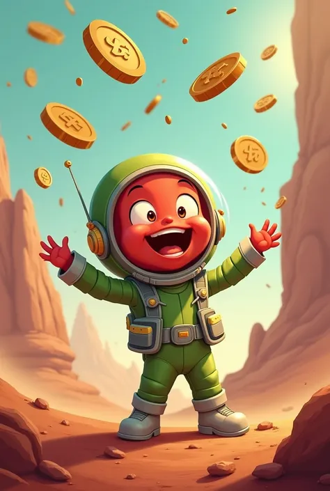 The little Martian man throws his coins into the air with joy