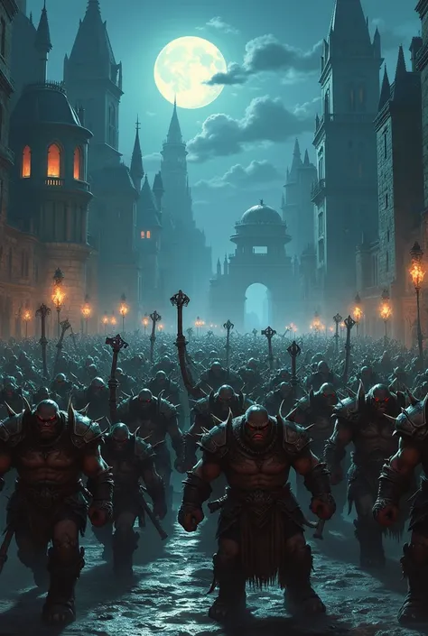 An army of orcs (orcs like in world of warcraft) that they are conquering a city in the night