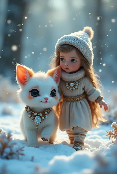 A brilliant, illuminated and magical baby animal with jewelry that walks in the snow with a baby with long wavy hair and big bright eyes. 