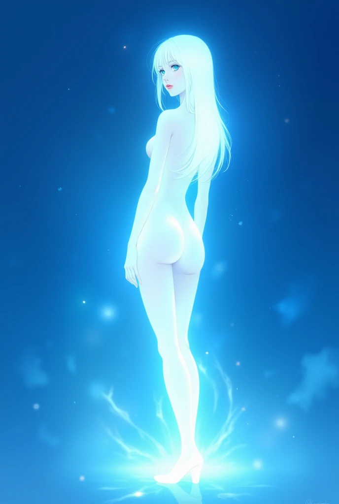 (( top quality)), ((  Masterpiece  )), (  Details), A white, glowing female figure standing against a blue background, with a glowing light effect, in the style of Greg Rutkowski and in the anime style. 