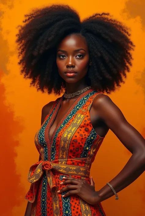 A African girl with curly hair and big breasts in African traditional outfit with her taking a realistic photo in orange artistic background 