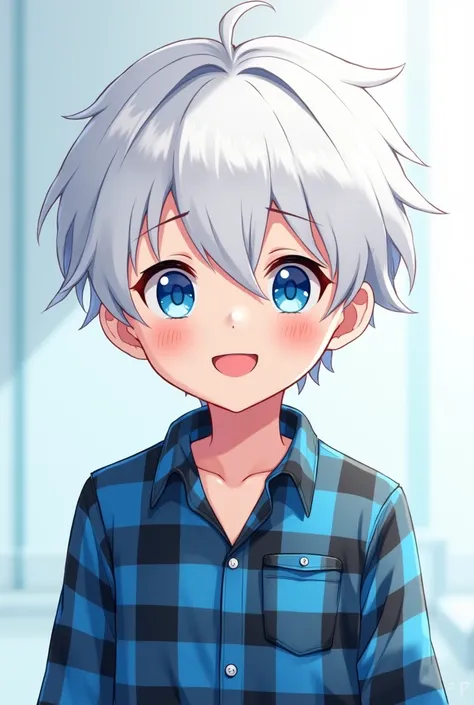 A white-haired boy with blue eyes blue and black plaid shirt he is smiling anime version 