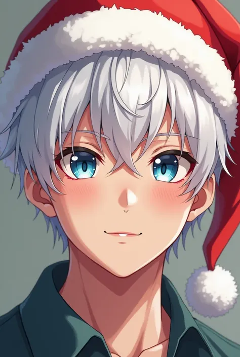 Man in his 20s, inviting, relaxed, subtle smile, white hair and blue eyes with anime Christmas hat