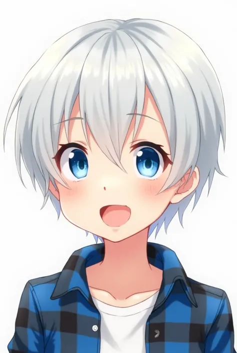 A white-haired boy with blue eyes blue and black plaid open shirt he is smiling anime version 