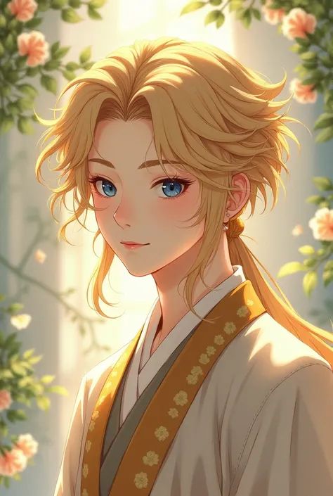 1) Ji ling golden hair blue eyes fair skin 18 year old aristocrat sweet gentle juvenile man sweet and noble sweet fair skin full body anime