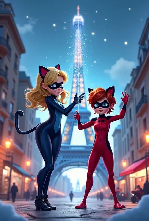 Generate an image Generate an image Generate an image Generate a miraculous image of the miraculous characters about the ladybug girl in a light blue suit with blonde hair with pigtails and the Cat Noir boy in the black cat suit with red hair with their co...