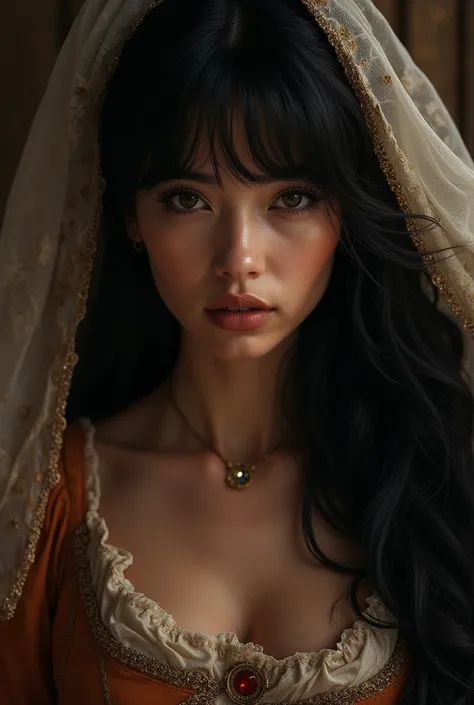  Dark-haired with bangs covering the back of her brown skin with a medieval vintage dress 