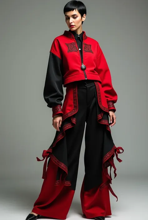 Full body photography , A woman black pixie haircut a is wearing an avant-garde short jacket and wide pants , inspired by the Iranian Yalda night ceremony  , the symbol of the pomegranate in Iran, the color of the dress is red and black , Red embroidered r...