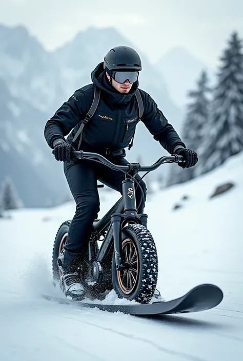 a 23-year-old young man , Eclectic physique ,  dark hair wavy ,  wears ski clothing in black snow, helmet and goggles on helmet ,  snowy scenery in Austria on top of a ski bike 