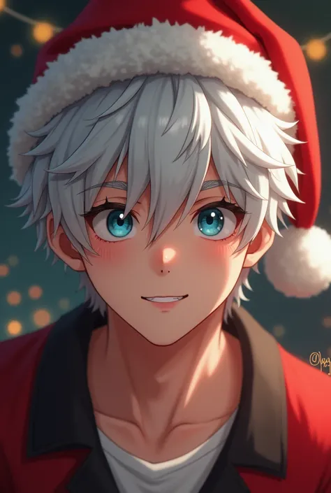 Man in his 20s, inviting, relaxed, subtle smile, white hair and blue hanging eyes with anime Christmas hat