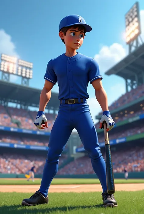 Strong muscular boy getting ready to bat in a baseball stadium wearing a royal blue uniform