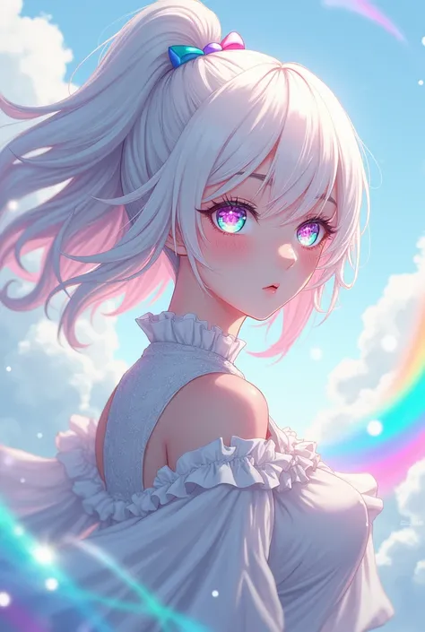 masterpiece, best quility, high_quality, high_resolution, masterpiece*portait, whitespace, colorful, 1girl, solo, white_hair, prism hair, [pink|green] eyes, gradient eyes, multicolored eyes, glowing eyes, glowing, glitter, glowing white particles, wind lif...