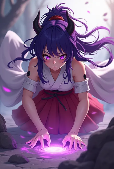 eua, 1girl, purple hair, purple eyes, horns, japanese clothes, detached sleeves, long hair, crawling, hakama, hakama skirt, red hakama, skirt, hime cut, miko, she crawling and fight