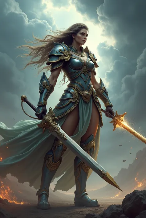 Goddess of war, powerful, armed closer 