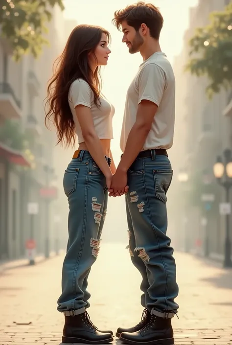  please create a picture for me in which there are two people holding hands a girl about 170cm brunette baggy jeans wearing and a white top big boobs blue eyes and black shoes and a black belt and next to her a boy about 190cm pattern will measure skinny b...