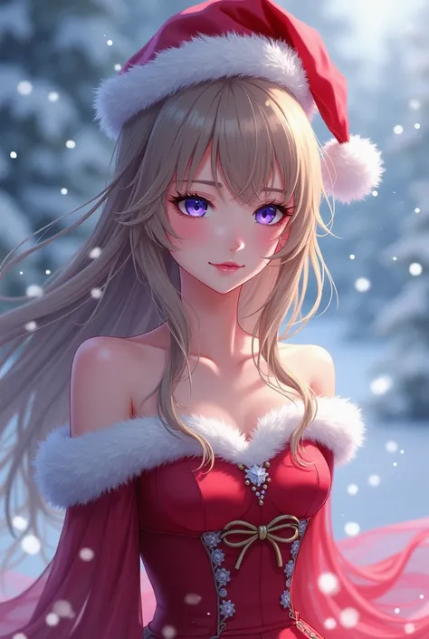 anime, Ice queen with Christmas hat, red dress, violet eyes,  light brown hair