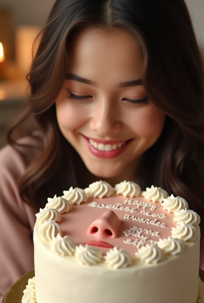  The girl has had aesthetic nose surgery . Ill give her a cake surprise . 
 Let there be an aesthetic nose image on the cake .  And let such a word be written on the cake 
The Sweetest Nose Awarded Sana Gidiyor