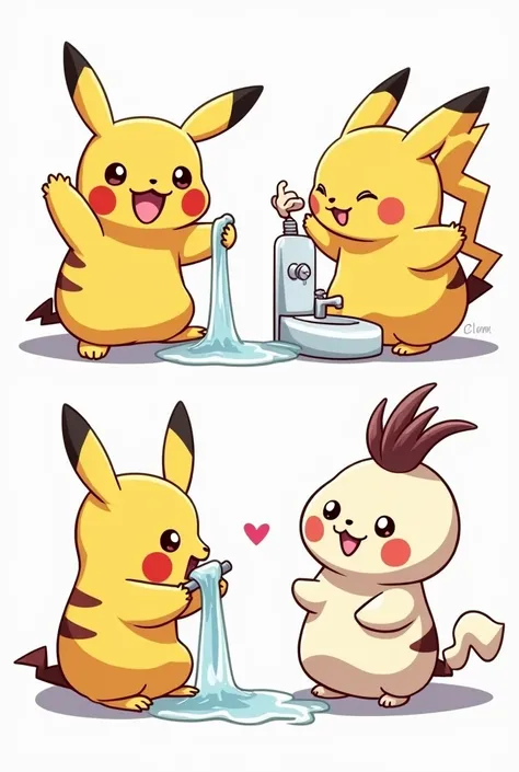 créer une image avec 4  carrés avec a lintérieur : 

1 pikachu qui se lave les dents 

2 carapuce sur les toilettes 

3 salameche qui se lave les dents devant un lavabo 

4 eve qui mets sont pyjama 

Le tout sur un fond blanc 
