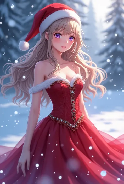 anime, Ice queen with Christmas hat, red dress, violet eyes,  light brown hair