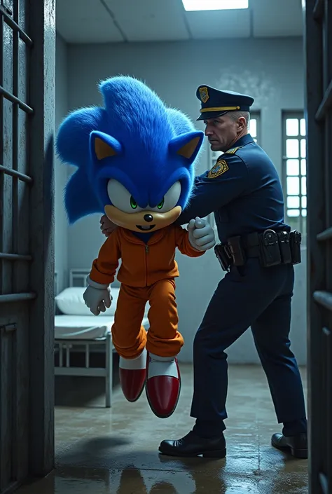 Sonic in an orange suit is thrown into his cell by a policeman
