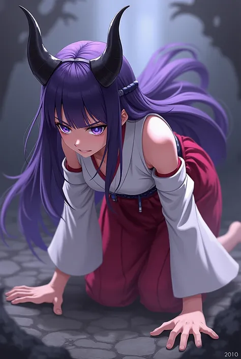 eua, 1girl, purple hair, purple eyes, horns, japanese clothes, detached sleeves, long hair, crawling, hakama, hakama skirt, red hakama, skirt, hime cut, miko, she crawling and fight. Turn said away and crawling.