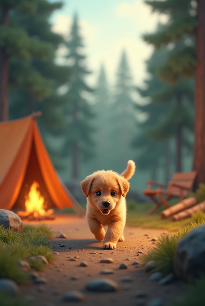 An image of a puppy at a campsite 
