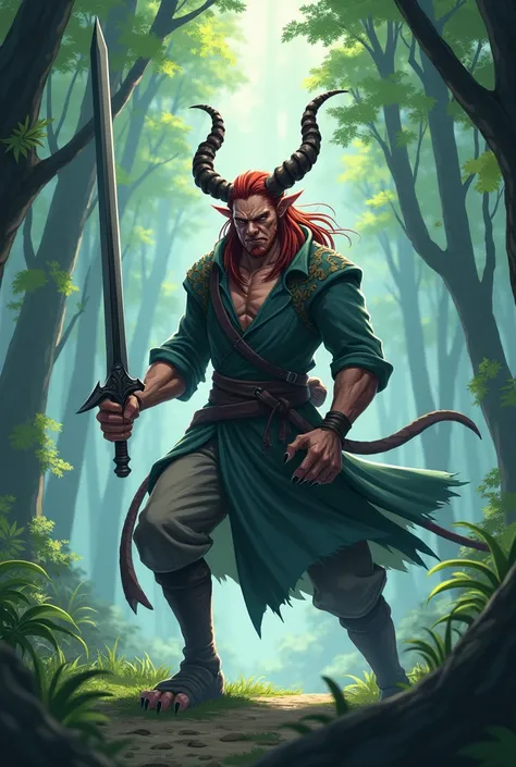 Anime style Middle Ages about 22 years old with horns is sharp claws is an iron sword make forest 