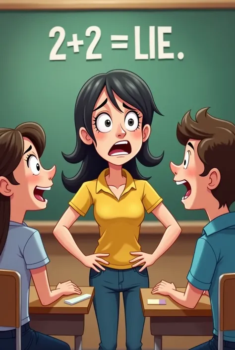 10.  A funny cartoon of a group of students laughing while Karen insists: "2+2 equals lies "  with an exaggeratedly serious face . The image must have the exact YouTube measurements 