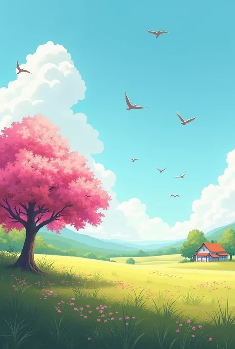  Create a horizontally oriented image with a background of a field with a pink tree on the left and a farm on the right a little far away, some birds in the sky 