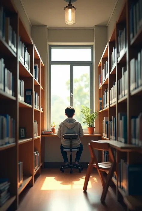  A normal day after school ,  a teenage student sitting at a table near the window in a quiet and empty school library.  The library is small ,  with rows of shelves .  The student wears modern casual clothes ,  like a sweatshirt and jeans .  The backgroun...