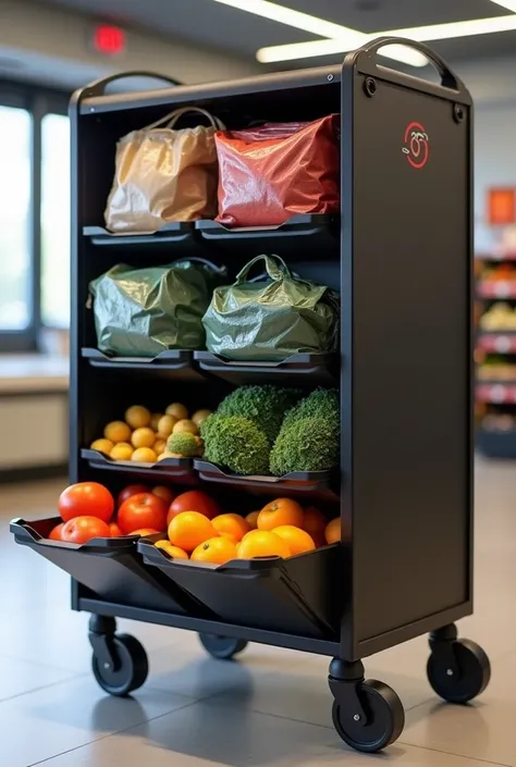  organizer for market bags that contains wheels on the top a touchscreen design for counting the bags ,That measures 1 .50 tall, striking design ,  that has IA  ,  that in the compartments that have ventilation, 