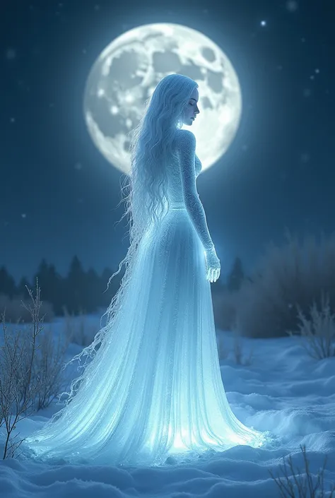 A being made of ice that resembles a human female, the body is made of translucent ice and it shines under a silver full moon in the night sky on a shady farm in the middle of winter, the ground is all covered with crystal white snow and the being is stand...