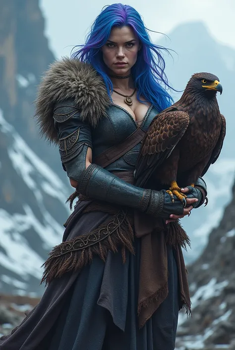 Female Viking with blue purple hair
 And eagle in his arms 