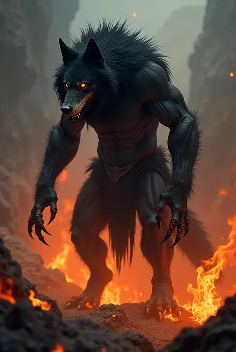 male wolf,  human-like with fire coming out of the eyes, black fur and long claws that burn,  scar on right eye 