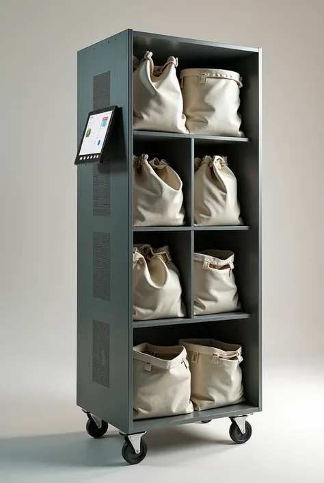  market bag organizer that contains wheels on the top a touchscreen design for counting bags ,That measures 1 .50 tall, striking design ,  that has IA  ,  that in the compartments that have ventilation, that has a bird design  