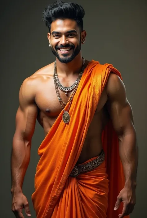  masculine big muscles Young adult male (age 18)  wearing a ladies kandyan saree with over a crop top (realistic) (funny), laughing