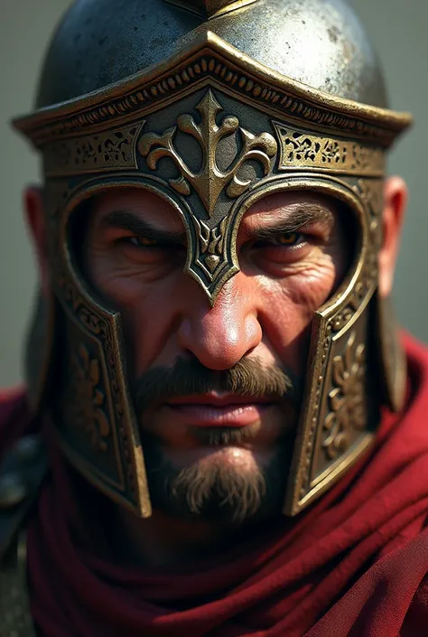 Give me the image of the face of a realistic Roman soldier wearing his mask and looking malevolent