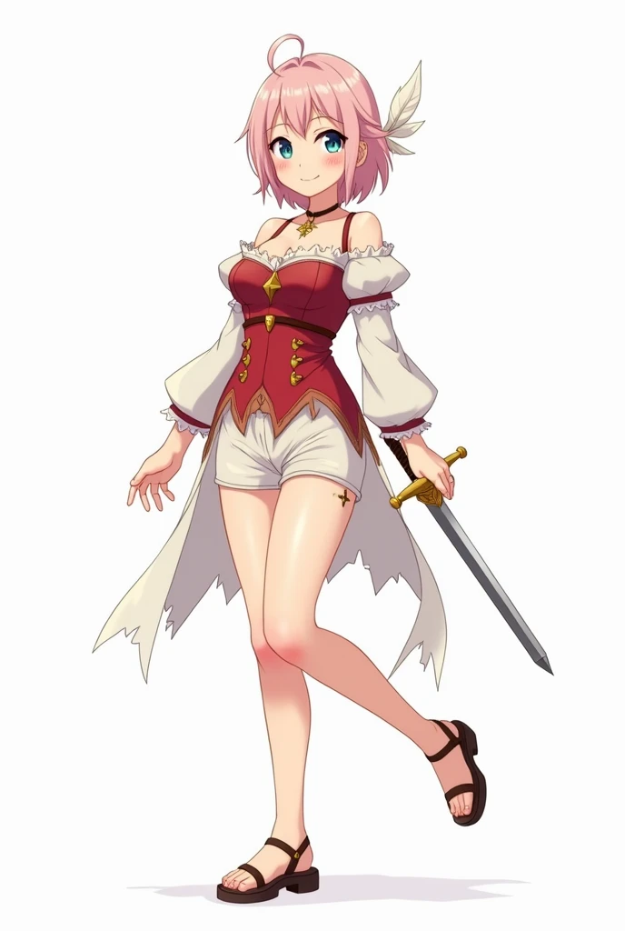 One medieval fantasy girl in an anime style against a blank white background. Show her full body. She is a princess. She is curvy and medium height, with wide hips and small breasts. She wears a torn white and red minidress which falls to her waist. She we...