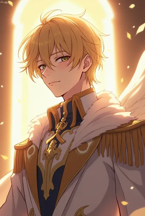 hair: Golden and soft .
Age: 18 years old.
General Appearance:  Youthful and innocent ,  with an appearance that reflects his aristocratic status in the Interstellar Empire 

Full body anime man