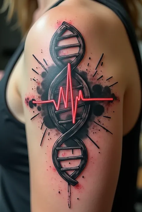 Create a tattoo template with ECG line and DNA trace in trash polka art with more shapes in it and even more awesome and artistic