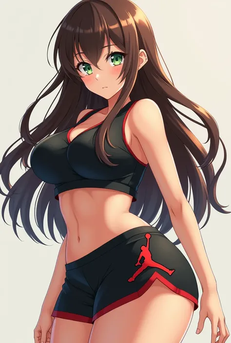 1girl, Long Hair, green eyes, anime girl, jordan clothes, Looking at viewer, Brown Hair, Simple background, , Anime, huge breasts, full body, huge ass, anime