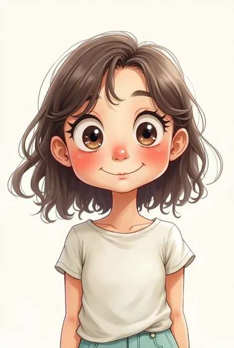 doodle of a girl with medium length wavy hair, big eyes and wide nose