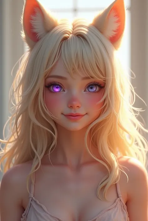 1girl, Long Hair, Blonde Hair, Smile, Wolf Ears, Blush, Purple Eyes, 